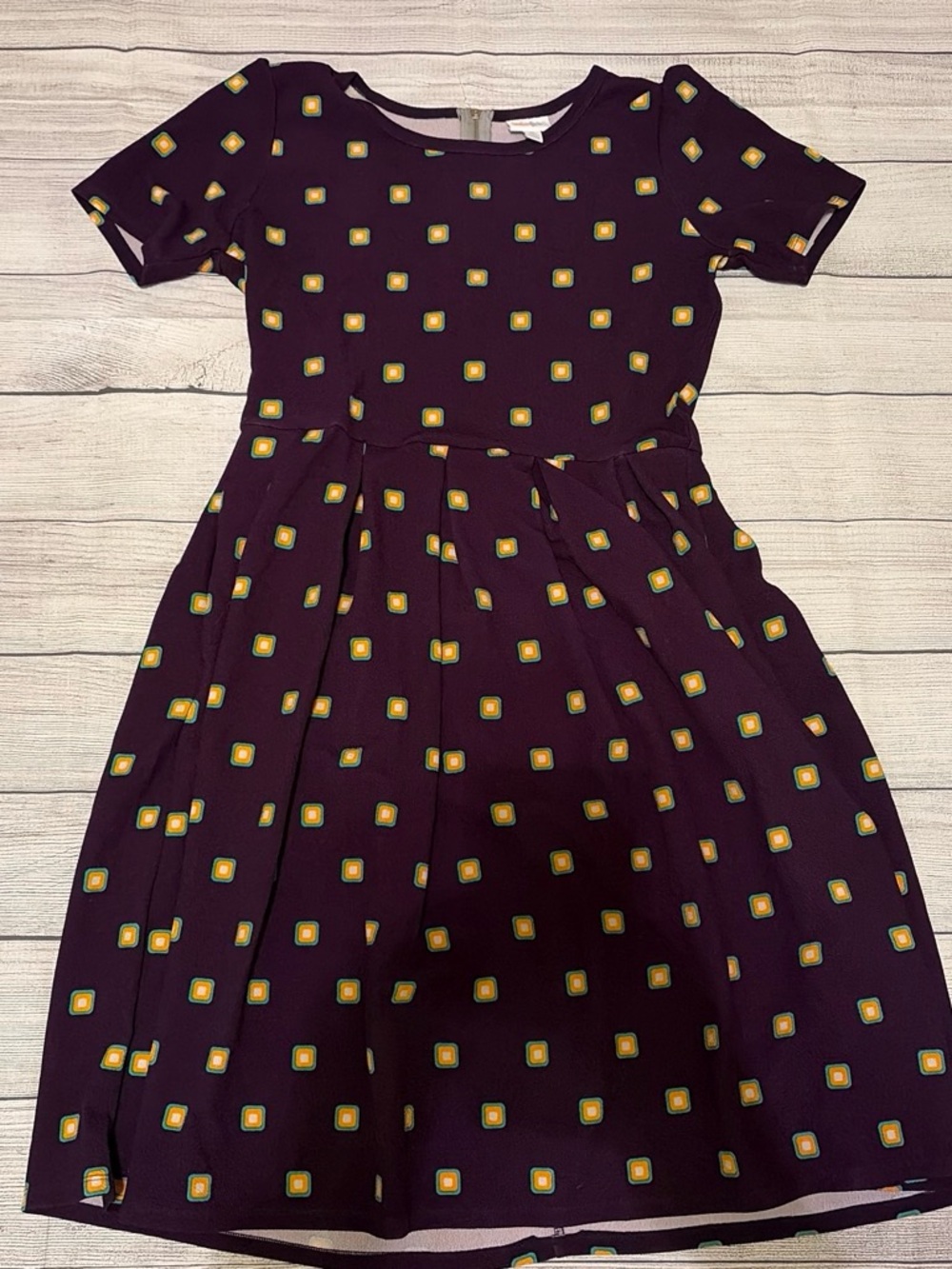 LuLaRoe Purple Midi Dress with Yellow & Green Square Print